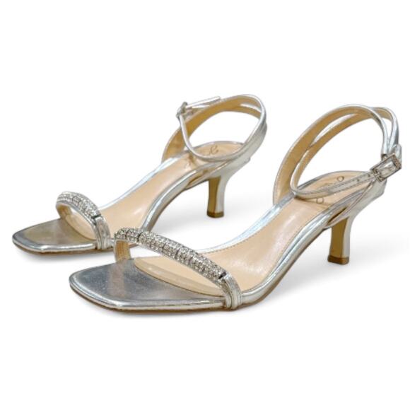 Jewel Badgley Mischka 8 Charisma Kitten Heel Ankle Strap Sandal Silver Crystal - Picture 2 of 11